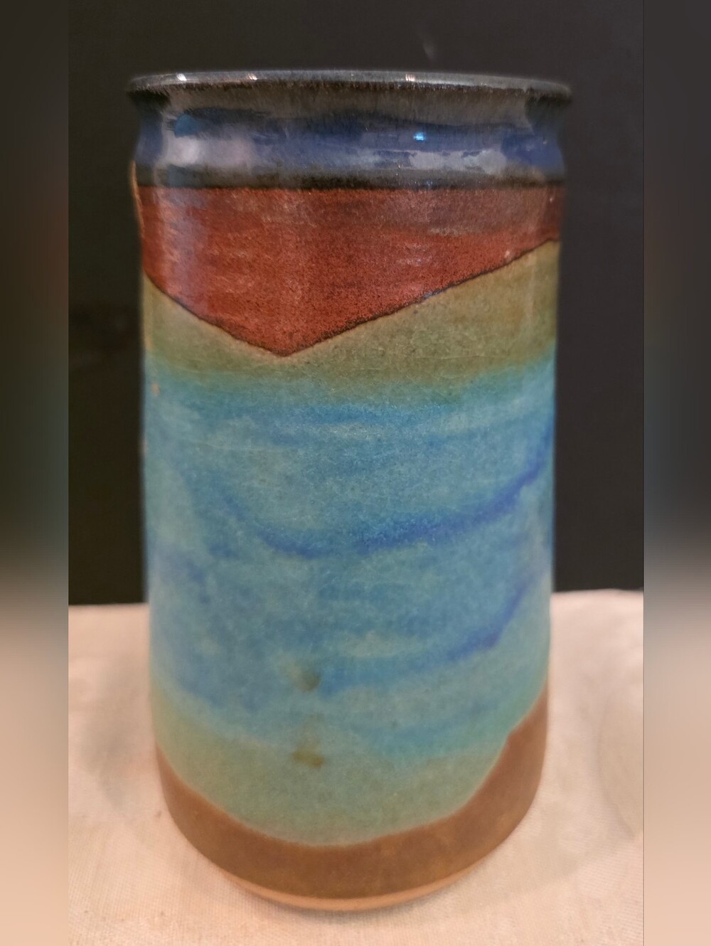 Studip Art Pottery Glazed Vase Bands Of Blue/Green/ Brown Signed 6 "